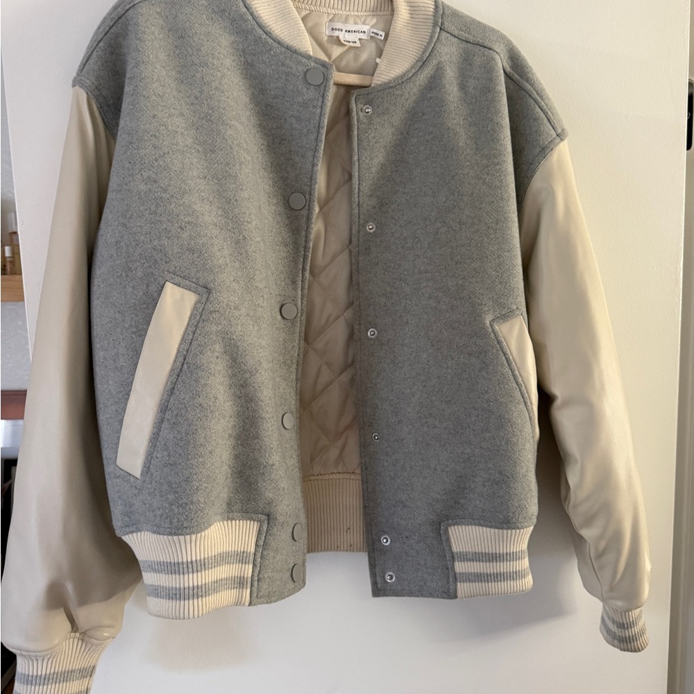 Good American grey and Cream Varsity Jacket